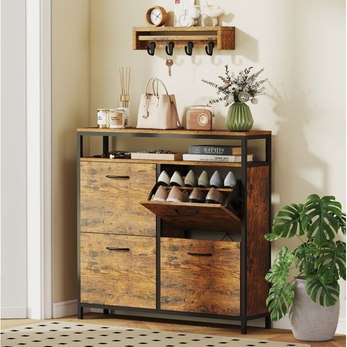 Meuble à Chaussures 4 Compartiments Basculants Étagère Ouverte - BEAUNIV - Industriel Entrée Marron Rustique 98×24×95 cm