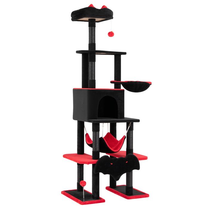 COSTWAY Arbre à chat style gothique 178 cm noir et rouge maisonnette hamac poteaux sisal kit anti-basculement pour chat COSTWAY Arbre à chat style gothique 178 cm noir et rouge maisonnette hamac poteaux sisal kit anti-basculement pour chat