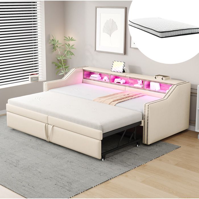 Canapé-lit gigogne – 90/180 x 200 cm – LED USB 3 rangements 2 matelas à ressorts inclus – Beige