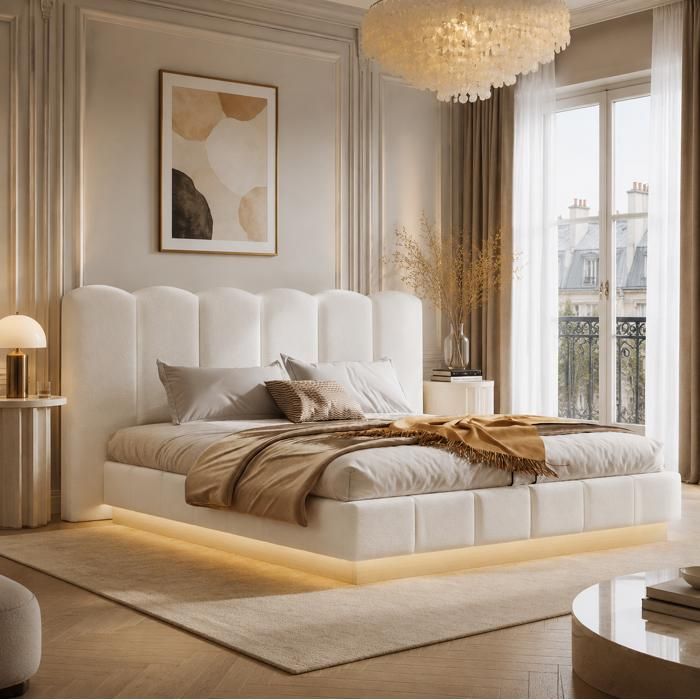 Lit coffre Lit double 180×200 cm hydraulique LED sommier à lattes inclus tête de lit bouclé blanc sans matelas