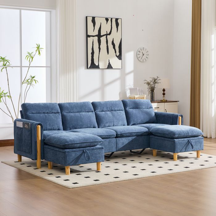 Canapé modulable 4 places - ZEVKOR - Modulable en U - Tissu chenille bleu - 2 poufs coffres - 261x77x86 cm