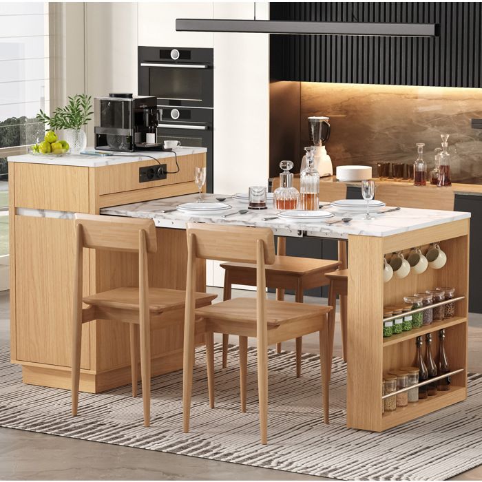 VUENOR Îlot central extensible 58-154x80 5x94 cm naturel et blanc LED