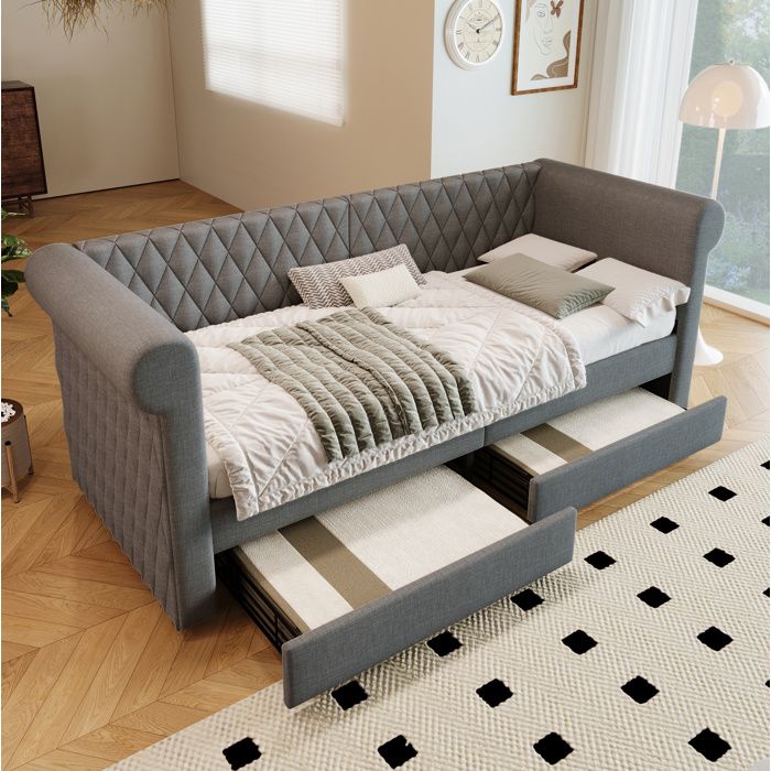 Lit banquette daybed 90x200 cm gris en lin avec tête de lit vintage 2 tiroirs sommier à lattes ORVRYN