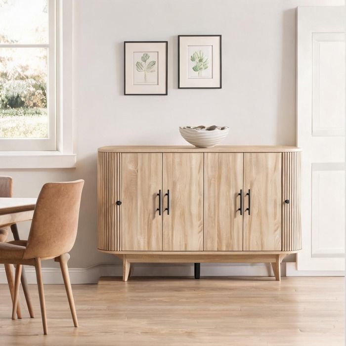 Buffet en MDF effet chêne avec portes cannelées rangement ajustable et plateau ovale pour salon et salle à manger