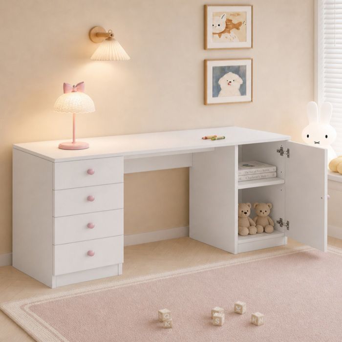 Bureau enfant 155x45x74 cm avec 4 tiroirs étagère de rangement et poignées en céramique rose MDF blanc