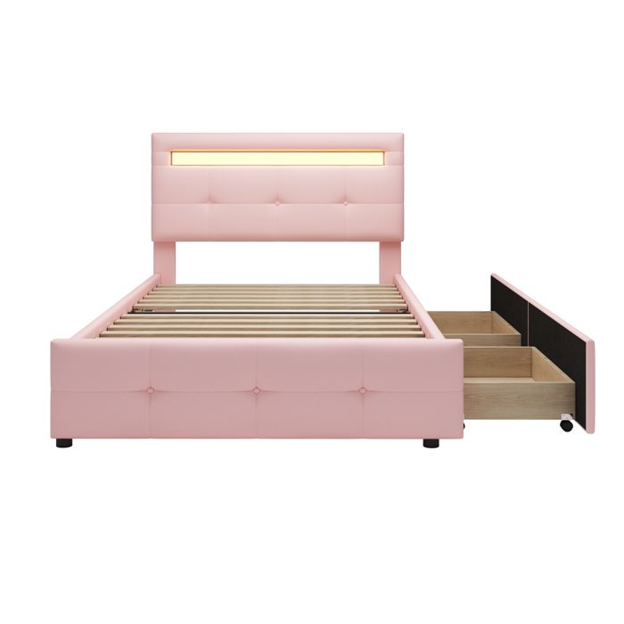 Lit rembourré avec éclairage LED 2 tiroirs lit simple 90 × 200 cm lit plat lit pour adolescent lit dappoint rose