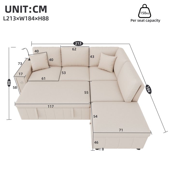 Canapé dangle convertible en L avec coffre de rangement lampe de lecture ports USB et Type-C 2 coussins aspect lin beige