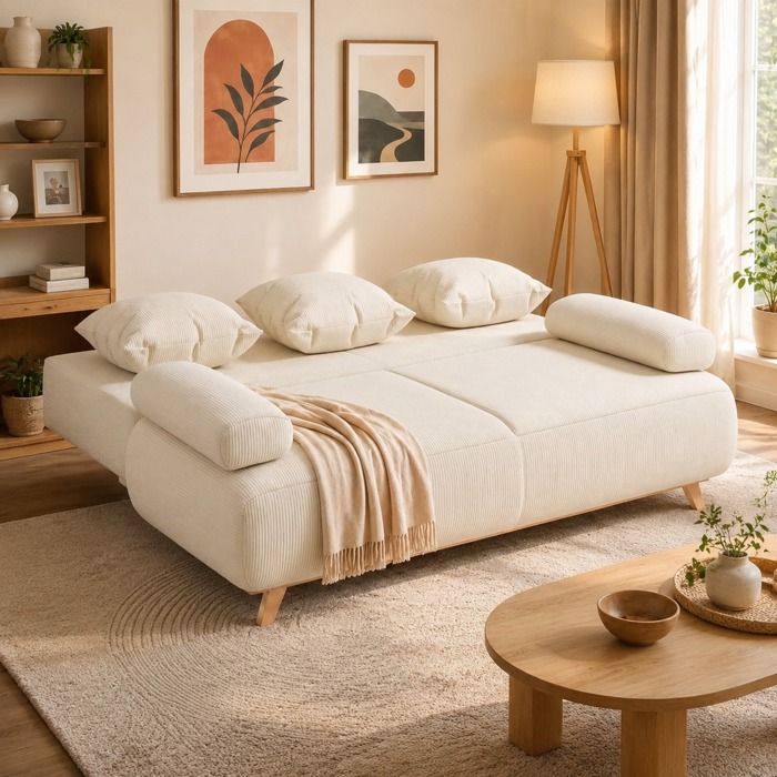 Canapé-lit 3 places convertible beige velours côtelé dossier réglable coffre de rangement caché surface 140 x 188 cm 240 kg