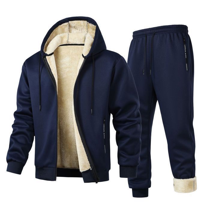 Survêtement Homme à Capuche Doublé Polaire Ensemble Veste Sweat Chaude Et Pantalon de Jogging Taille Elastique Couleur Unie - Bleu