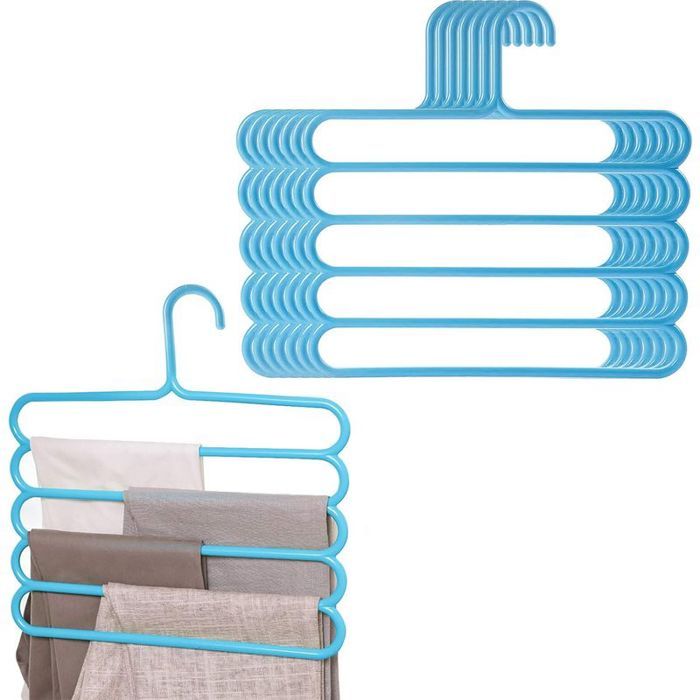 8pcs Cintres à 5 couches pour pantalons - Multicouche Antidérapant - Rangement de garde robe - Bleu