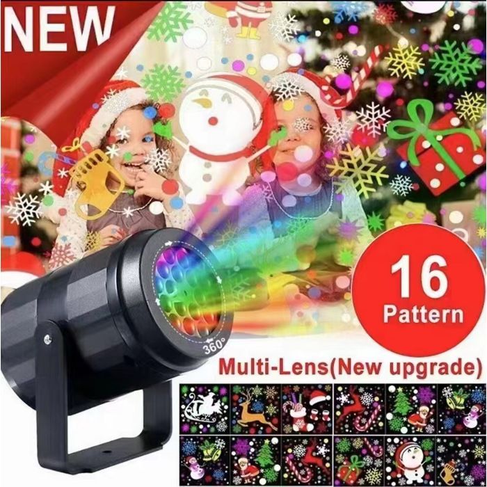Projecteur LED Noël 16 Motifs Lampe de Projection 360° Support Réglable Décoration Festive Intérieure