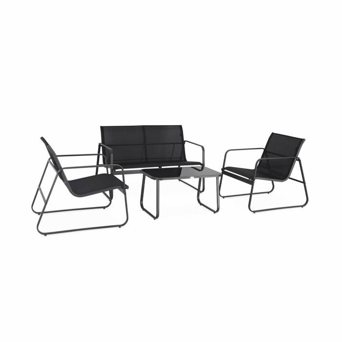 Salon de jardin en métal et textilène pour 4 personnes. gris foncé et noir. design Salon de jardin en métal et textilène pour 4 personnes. gris foncé et noir. design