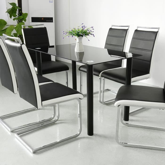 6 Chaise Salle à Manger Cuisine Noir avec Bordures Blanc Similicuir Bien rembourrage Pieds en métal Siège 45cm