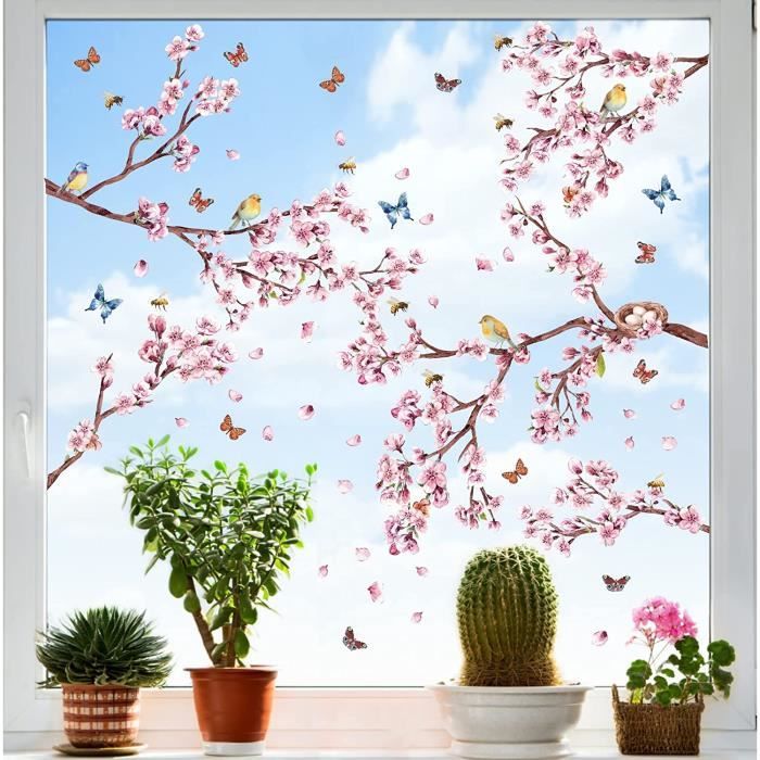 Acheter Autocollants de fenêtre Branches, fleurs et oiseaux, pâte de verre  papillon, décoration murale de salon, de maison, autocollant mural  auto-adhésif