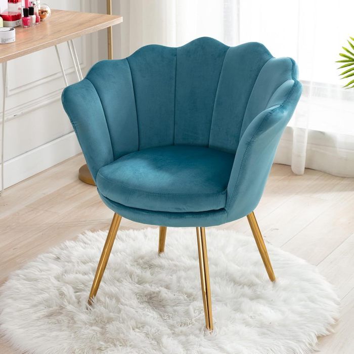Wahson Fauteuil et Chaise avec Pieds en Métal Plaqué Or Fauteuil Coquillage pour Coiffeuse Fauteuil de salon Velours Bleu Clair