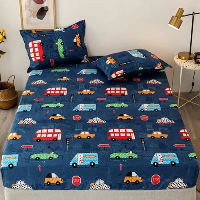 Drap-Housse Enfant 90x200 Cm Microfibre - Motif Voitures De Dessin Animé - Pour Matelas Jusqu'à 30 Cm