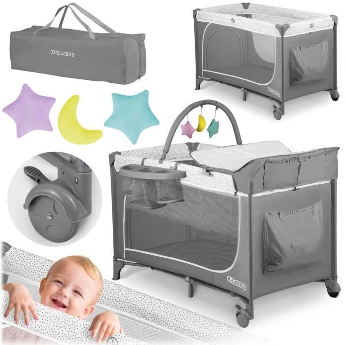 Lit parapluie pliable - Ricokids - 125x65x78 cm - Gris - Modèle RK-241 - Deux niveaux de hauteur - Roues avec frein