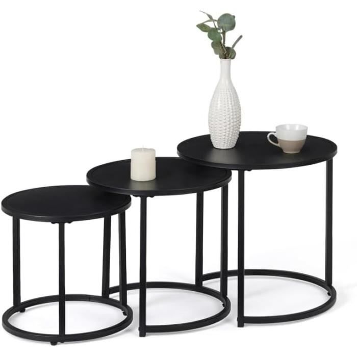 Lot De 3 Tables Basses Gigognes IDMarket Davis - Rondes 35/40/45cm, Métal Noir Mat Design Industriel