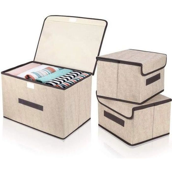 Boites de Rangement en Tissu Pliable/Caisses de rangement avec couvercle e  Poignées pour Jouets/Vetement/Livres/Lot de 3/Beige - Cdiscount Maison