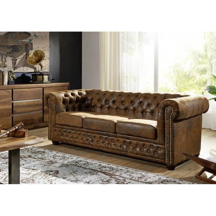 Canapé Chesterfield (3 places) - Style Colonial Britannique(Brun Café) - OXFORD