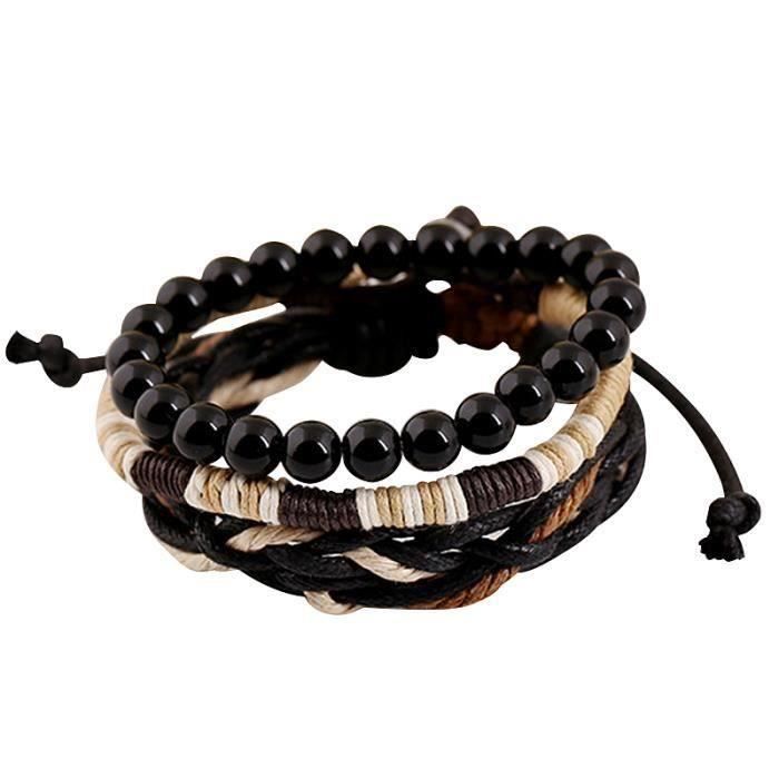 Noir Vintage Tressage Bracelets en Bois Bijoux que Perles Strand