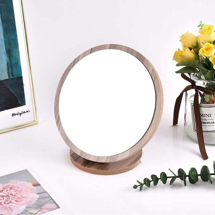 Tisi Miroir de maquillage avec support en bambou naturel salle de bain miroir de courtoisie portable pour table de bureau comptoir miroir grossissant pivotant HD pliable rectangulaire 