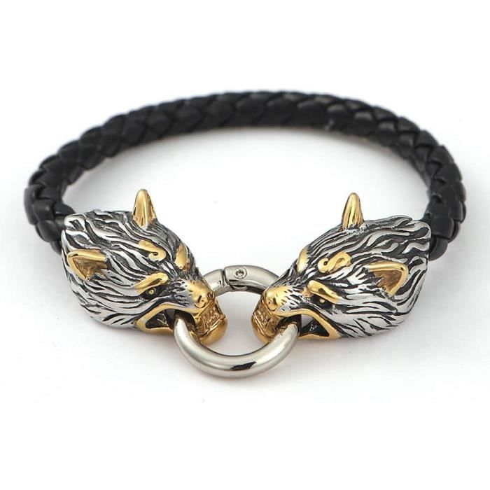 Bracelet Viking 2 Pièces En Cuir - Motif Tête De Loup Et Boussole Runique - Taille Réglable Pour Homme Et Femme - 12