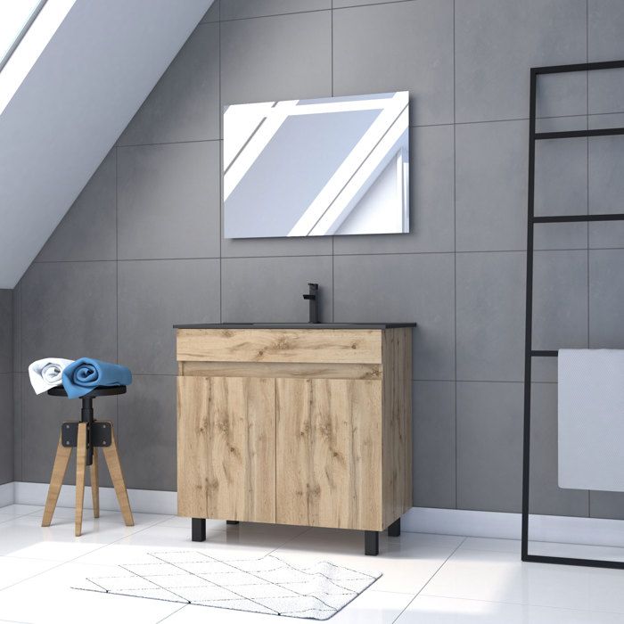 Meuble salle de bain 80x80 - Finition chene naturel + vasque noire + miroir Led - TIMBER 80 - AURLANE