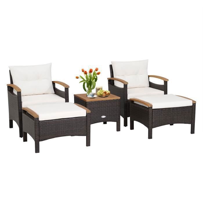 Ensemble 5 PCS Table et Chaises de Jardin COSTWAY en Rotin PE Marron avec Coussins Blanc - 2 Fauteuils 2 Tabourets 1 Table Basses