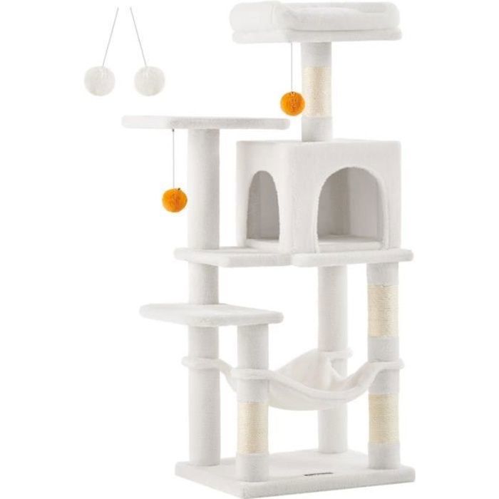 Comparer les prix de Arbre à Chat - FEANDREA - Hauteur 112 cm - 4 Poteaux à Griffer - 2 Plateformes - Niche - Hamac - Blanc Crème