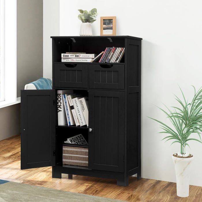 GOPLUS Armoire de Salle de Bain sur Pied avec Planche Mobile et 2 Tiroirs Réglables Meuble de Rangement sur Pied à 2 Portes Noir