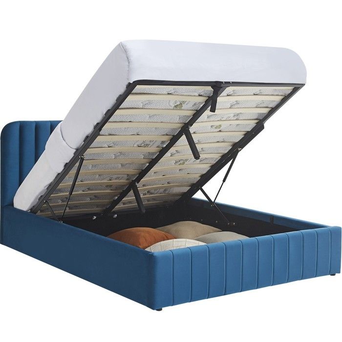 Lit coffre adulte 160x200 cm avec tête de lit capitonnée en velours bleu - Ava Lit coffre adulte 160x200 cm avec tête de lit capitonnée en velours bleu - Ava