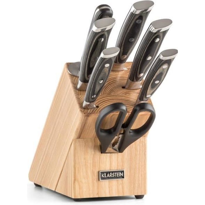 Klarstein Katana 8 - Set de 5 couteaux de cuisine avec bloc de rangement en bois (aiguiseur et paire de ciseaux inclus)