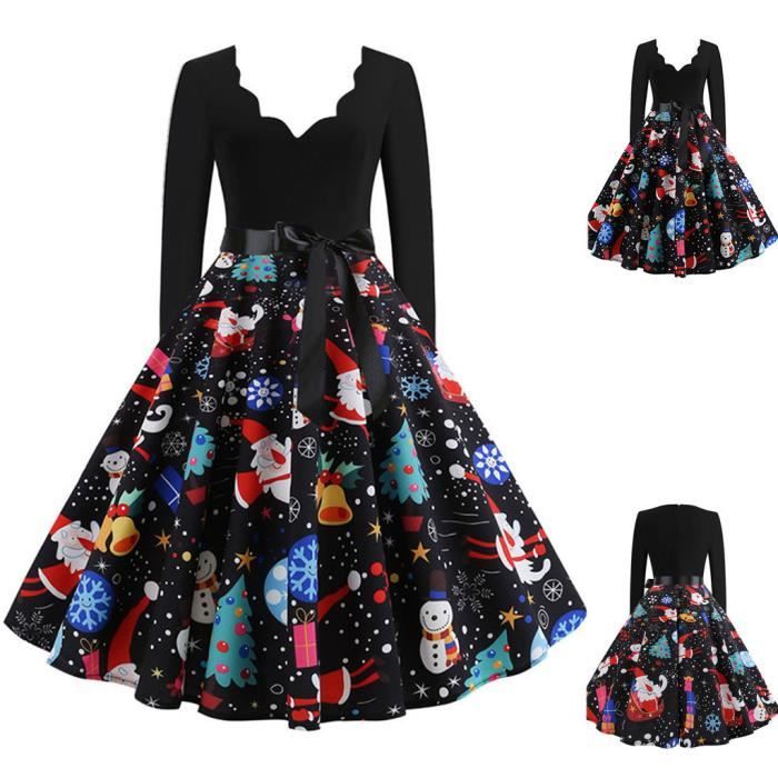 Robe evasee vintage imprimee de notes de musique de Noel a manches longues pour femmes Noir 3035 Noir Cdiscount Pret a Porter