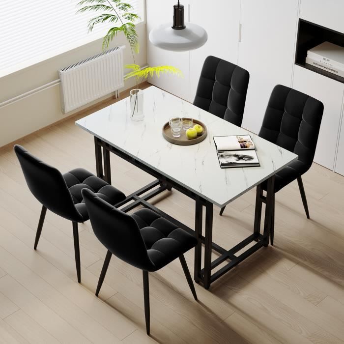 table à manger blanc 120 x 70 cm avec 4 chaises en velours noir, table à pieds en fer noir