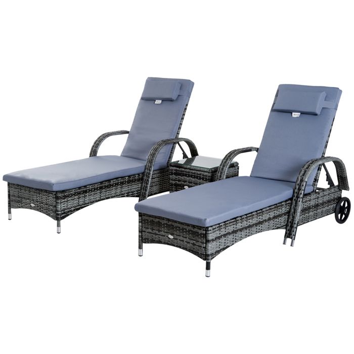 Transats bains de soleil - Outsunny - lot de 2 matelas têtière inclinable roulettes table basse - résine tressée - gris