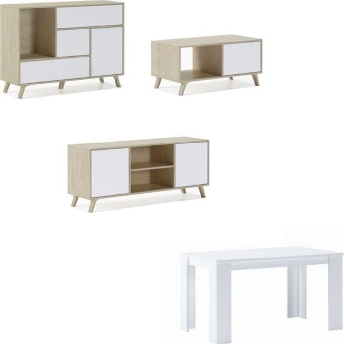 skraut home - ensemble wind, couleur chêne et couleur porte et tiroir blanc - buffet- meuble tv- table basse- table fixe chêne/blanc