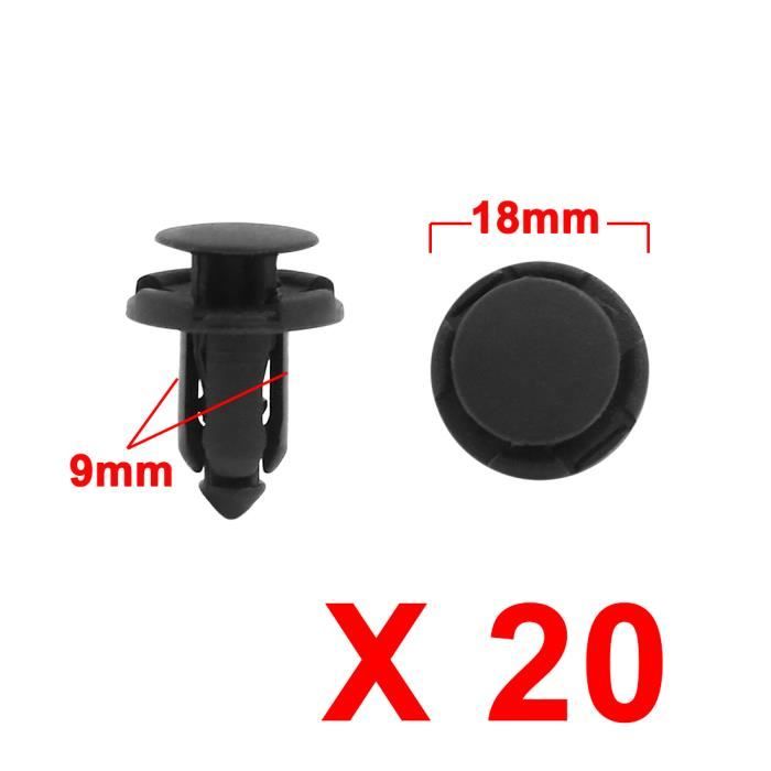 Lot De 20 Clips/rivets Plastique Noirs Pour Pare-chocs Et Pare-boue – Tige 18mm, Tête 20mm