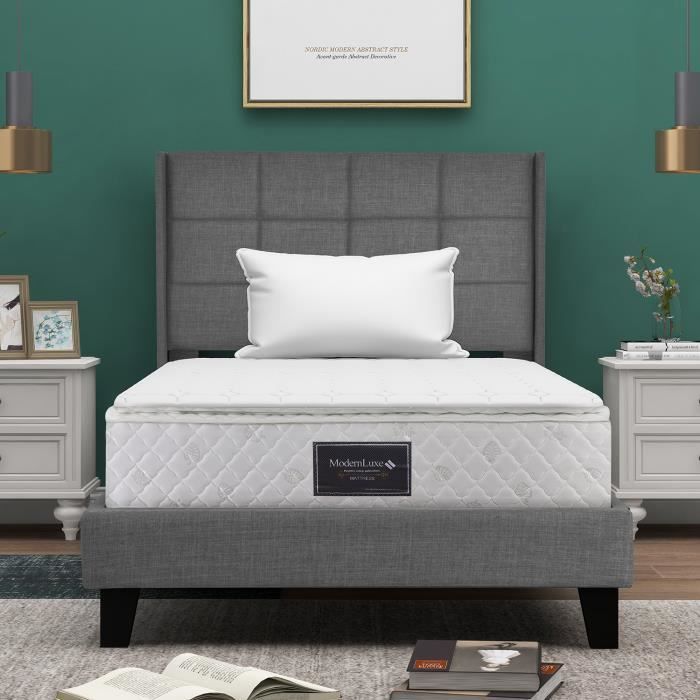 lit adulte capitonné tête de lit haute design moderne 90x200 cm, lin gris (avec matelas à ressorts)