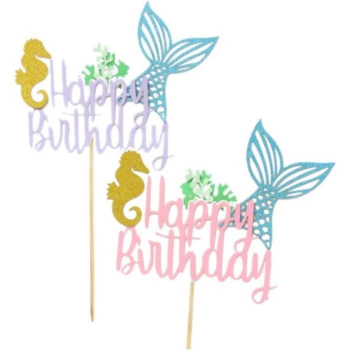 Décoration Gâteau Sirène - Kit Fête Anniversaire Thème Mer | Fille Sirène Queue Violette Coquillages | Non Comestible Sucre Perlé