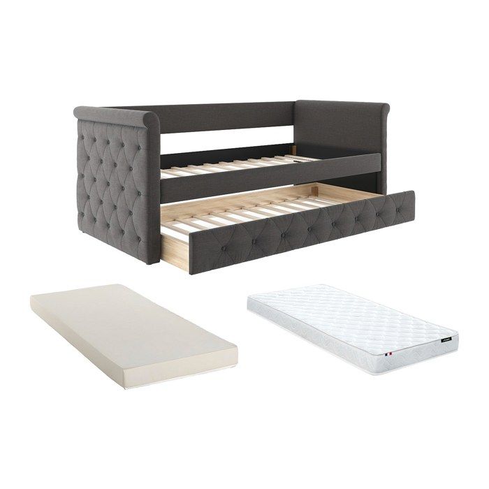 Lit banquette gigogne LOUISE - 2x90x190cm - Tissu gris +  matelas