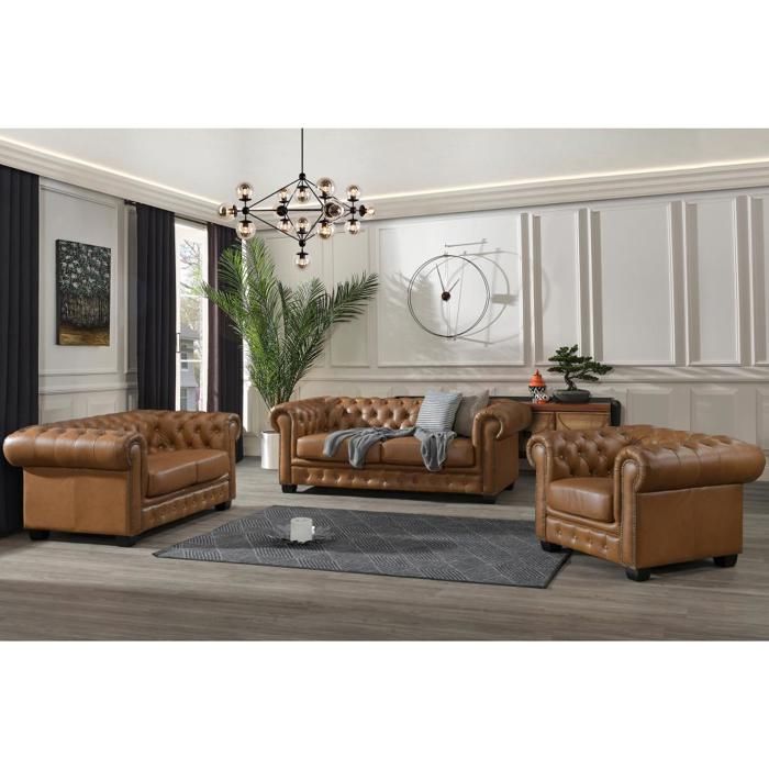 canapé chesterfield 3+2+1 places brenton 100% cuir de buffle - caramel vintage