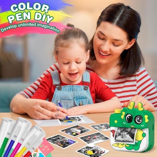 Appareil Photo Instantané Enfant 24MP 1080P Avec Carte 32Go & 3 Rouleaux – Cadeau Anniversaire 3-12 Ans Dinosaure
