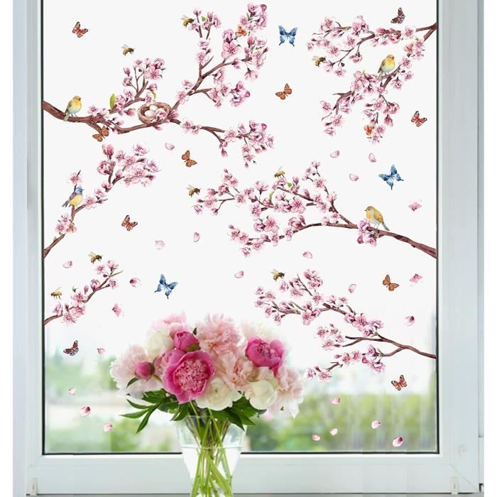 Stickers Muraux Fleurs Rose,Stickers Fenêtre Colibri Papillon,Autocollants  Muraux Fleurs de Cerisier de Chambre à Coucher,Rose Stick - Cdiscount Maison