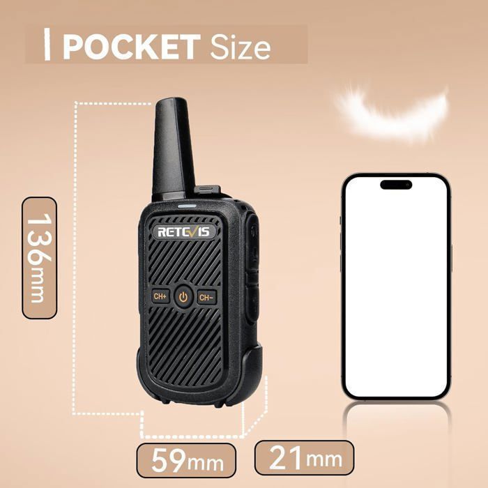 Retevis RT15 Walkie Talkie Mini Radio Set 16 Channels VOX Rechargeable USB Charging Cable with Adapter Walkie Talkies Set (1 Pair, Black