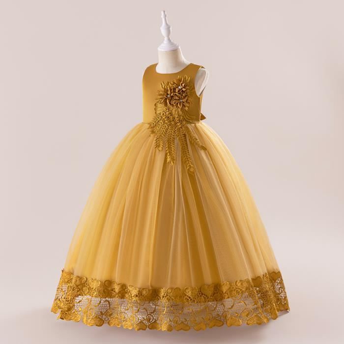 Robe De Princesse Jaune Pour Fille – Manches Juliette, 3 Couches De Tissu, Ceinture – Anniversaire, Fête – ReliBeauty