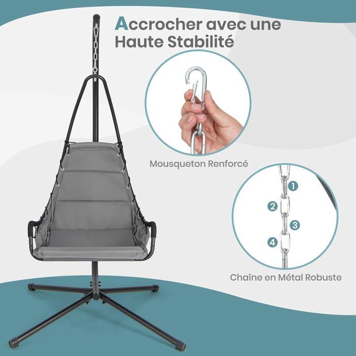 GOPLUS Fauteuil Suspendu Avec Support Gris - Chaise Hamac Intérieur Extérieur 120KG