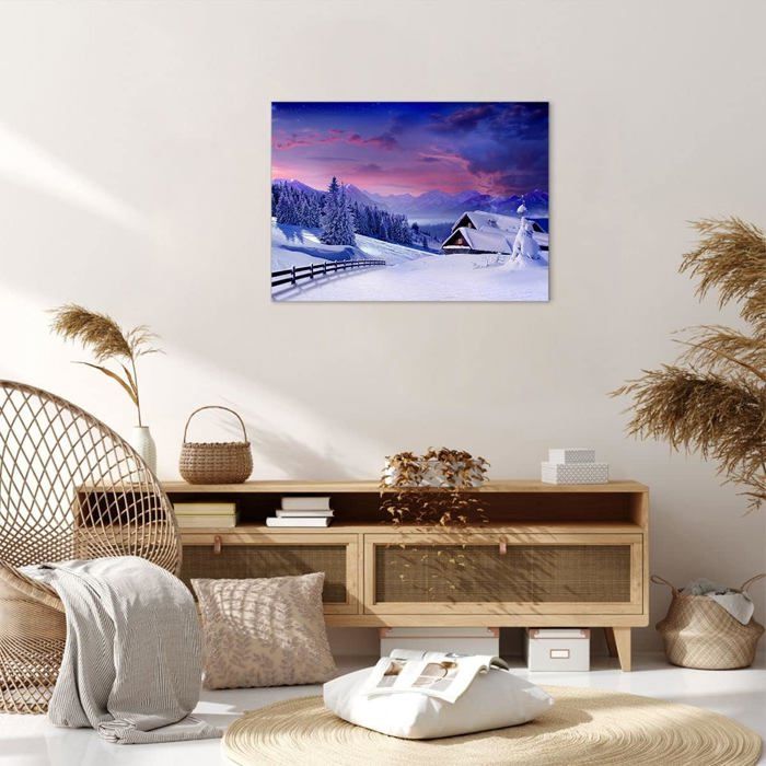 Tableau Déco Toile 100x70cm – Église Sous La Neige – Impression Moderne – Neuf