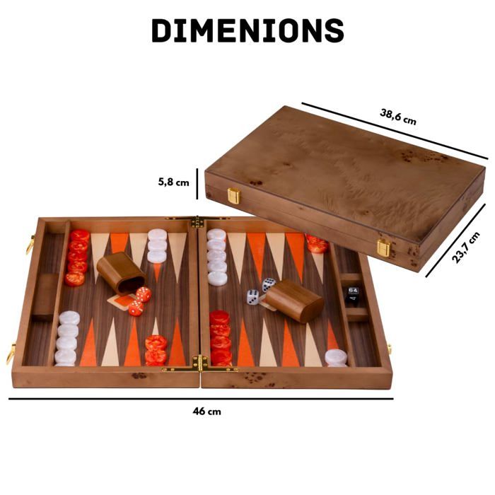 Engelhart Backgammon Bois De Ronce – Valise Luxe 38 Cm, Incrustation Noyer, Pions Brun/Blanc Et Dés Inclus