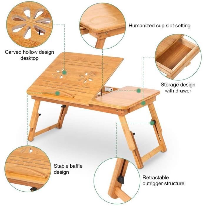 Table de lit pliable en bambou table pour ordinateur portable hauteur  réglable avec tiroir dimensions 63,5 cm 12_000151